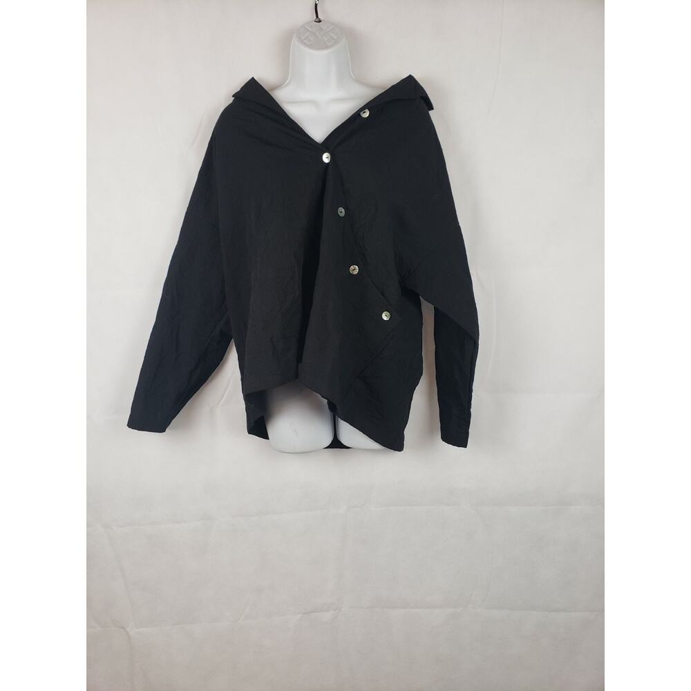 EUC Susans Women's Black Blouse Size S Cross Button Down Cotton & Polyester